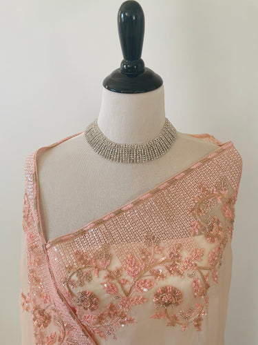 Handmade Premium Organza Saree | Light Pink & Light Peach Mix| Hand Embroidery | Ships from California